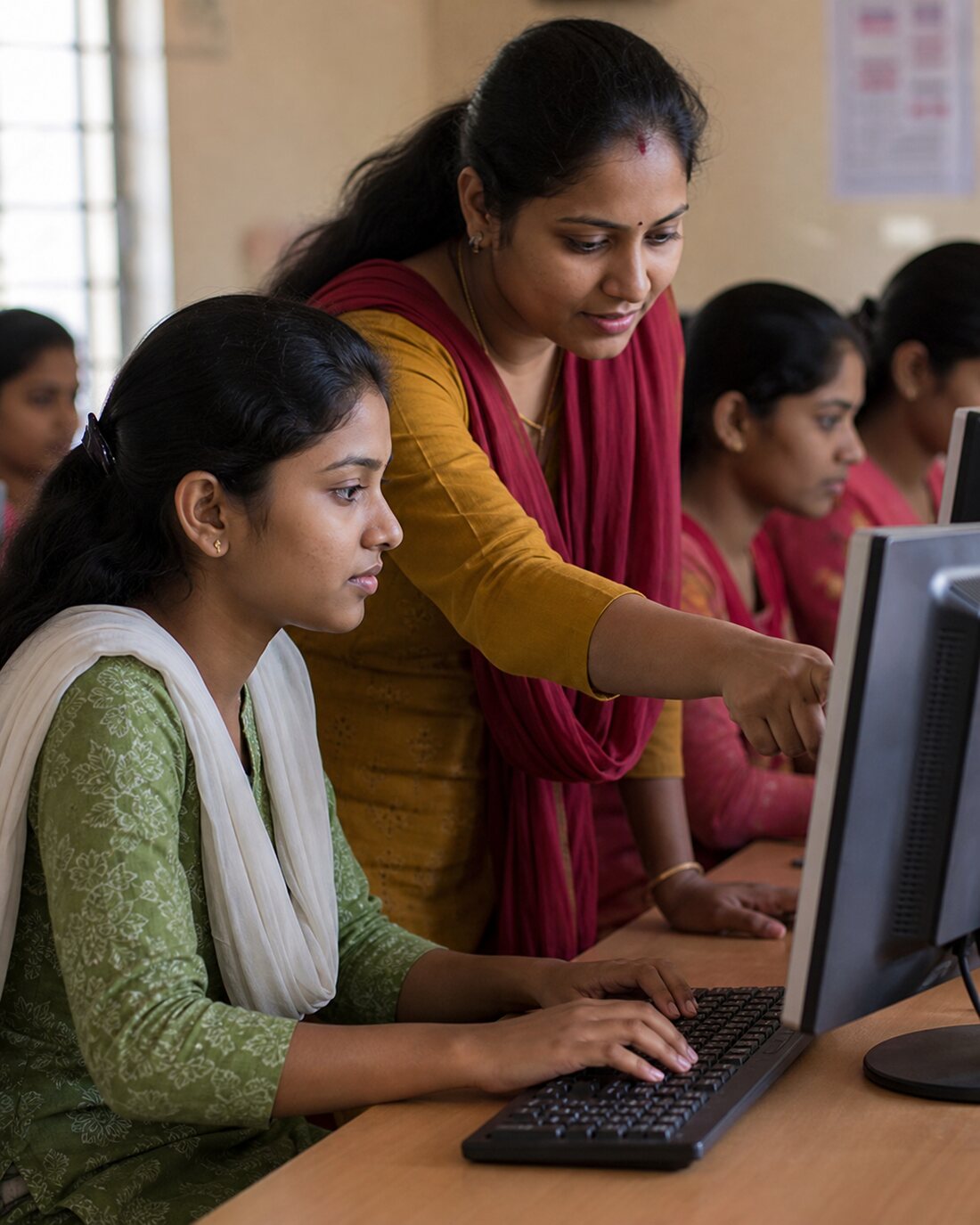 A trainer helping a young woman learn computer skills
