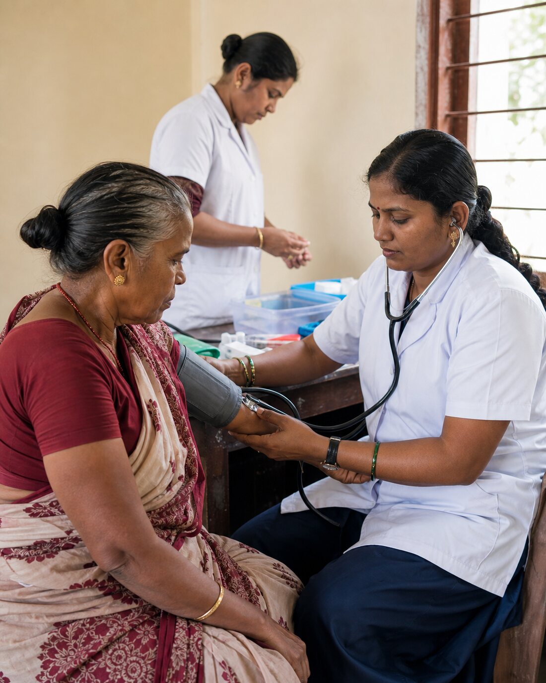 A nurse checking an older woman's blood pressure