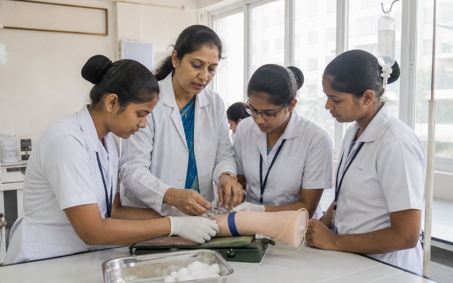 Nursing students practising a clinical skill with their instructor